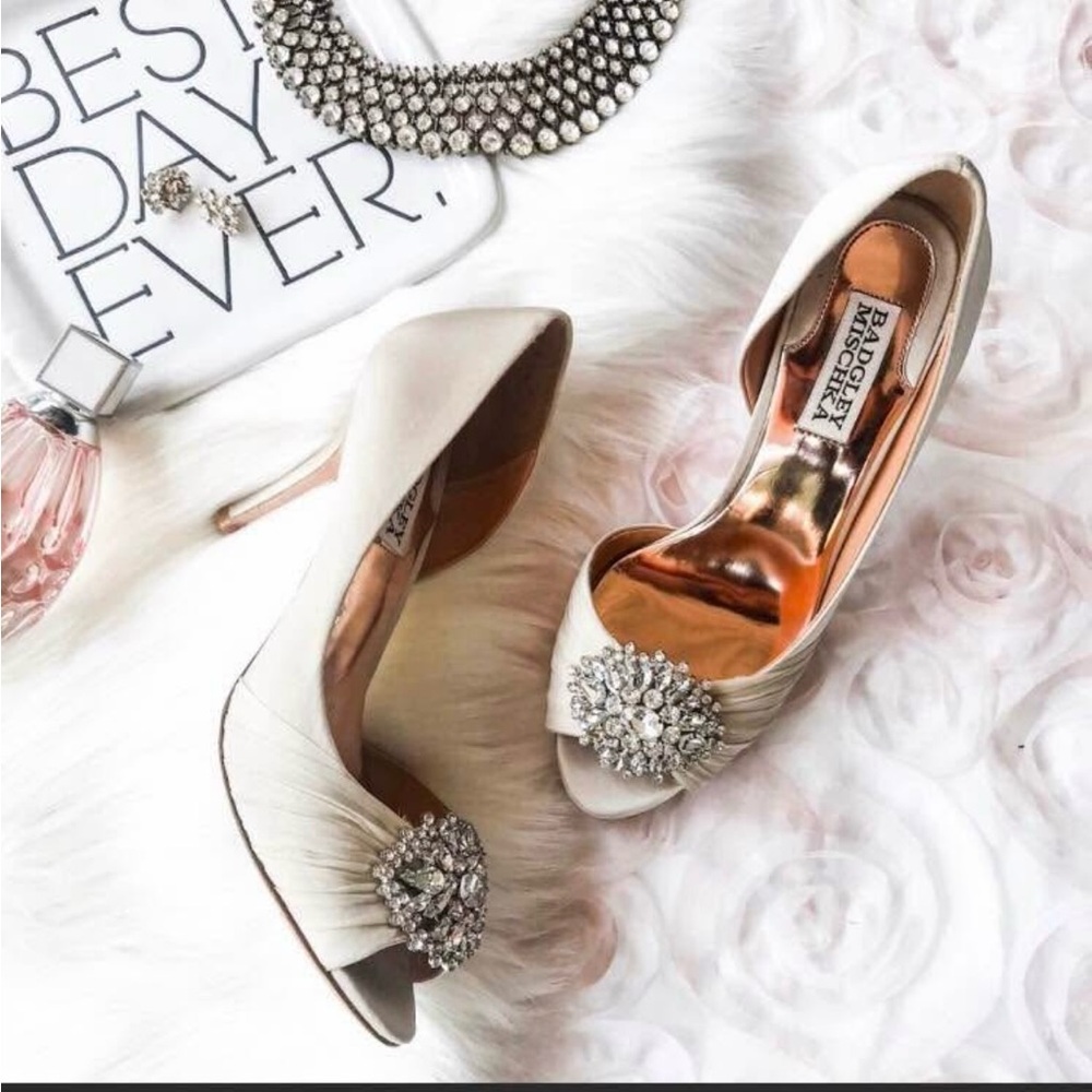 Badgley Mischka Cream Heels with Ornate Embellishments